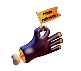 Cartoon creepy halloween violet monster hand. 3D Realistic vector illustration zombie hand holding a plate with inscription Happy Halloween. Cartoony chopped off hand with white bone and orange nails.