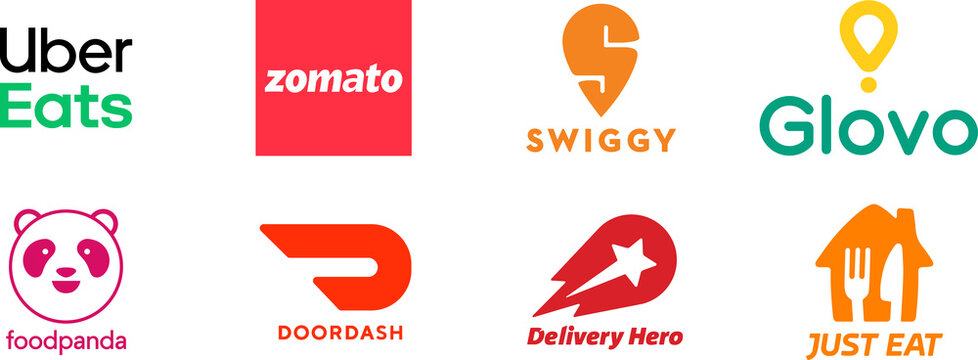 Popular food delivery service logos: Uber Eats, Zomato, Glovo, Just Eat, Doordash, Delivery Hero, Foodpanda, Swiggy. Logo set on transparent background. Editorial use on