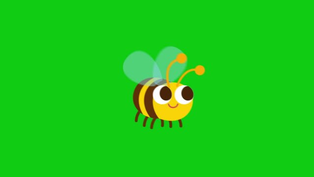 Cartoon honey bee flying on a green screen. Cartoon honey bee flying with key color. Chroma key, 4K video
