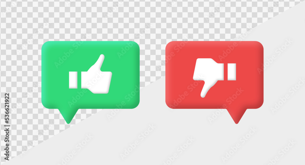 Poster thumbs up or thumb down speech bubble icon button 3d. Like or dislike icons 3d - Dos and donts icons frames - true or false - Dos and dont in red and green bubbles frame