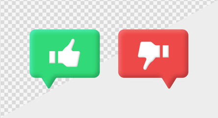 thumbs up or thumb down speech bubble icon button 3d. Like or dislike icons 3d - Dos and donts icons frames - true or false - Dos and dont in red and green bubbles frame