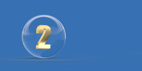 Golden Number 2 Glass sphere on blue background, copy space and clipping path. Realistic 3D render light reflection and dropped shadow illustration. Front view on crystal ball collection. Set of 10
