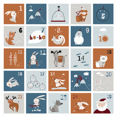 Cute christmas advent calendar decorated with forest animals, bunnies, deer, fox, snowdrift, christmas toy, christmas tree, santa claus illustrations. Printable kids design. Winter holidays art