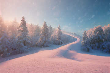 Beautiful Slope with Powder Snow Through the Spruce Forest in Ski Resort at Early Morning 3D Art Work Spectacular Nature Background. Winter Snowy Woodland at Sunrise Stunning Photo Gorgeous Wallpaper