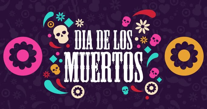 Inscription Day of the Dead in Spanish. Dia de los Muertos holiday concept. Flat holiday animation. Motion graphic design. Loop footage.