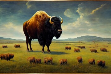 Huge bison in a surreal fantasy landscape with little creatures around