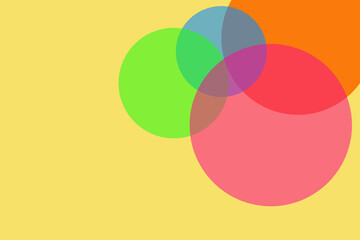 abstract rainbow background with green, blue, pink and orange circle on yellow background and blank space