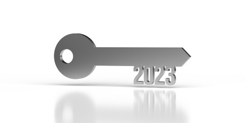 Silver metallic Key to 2023 on white background, copy space, clipping path. Simple 3D render retro door opener design. Motivational future text. Single object. Natural light and dropped shadow.