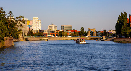 Panoramic view of Wrocław, Poland downtown with Peace Bridge Most Pokoju over Odra river seen from...