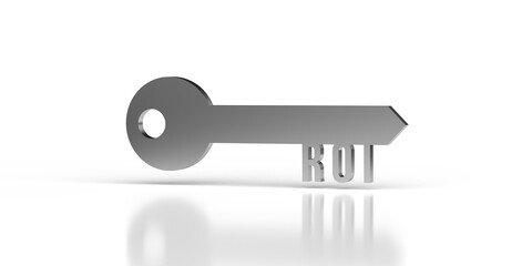 Silver metallic Key to ROI on white background, copy space, clipping path. Simple 3D render retro door opener design. Motivational future text. Single object. Natural lighte and dropped shadow.