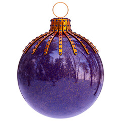 glossy bauble christmas ball blue purple. happy new year holidays wintertime decoration ornament violet. winter forest snow reflection