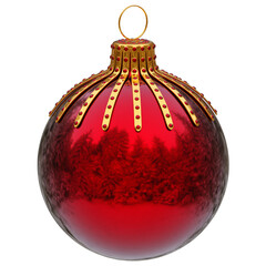 Christmas Tree Bauble. Xmas ball red golden glossy. New Year wintertime holiday decoration. New Year's Eve traditional ornament