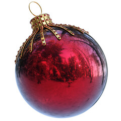 Red Christmas tree ball glossy with golden parts. Winter snow forest reflection. Happy New Year decoration traditional.