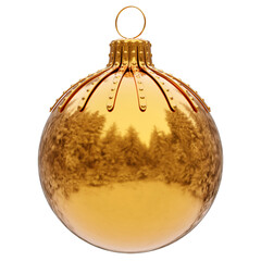 golden christmas ball isolated. wintertime snow forest reflection. happy new year decoration bauble custom design