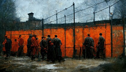 very dark atmosphere and convicts gathering in a dystopian prison yard - obrazy, fototapety, plakaty