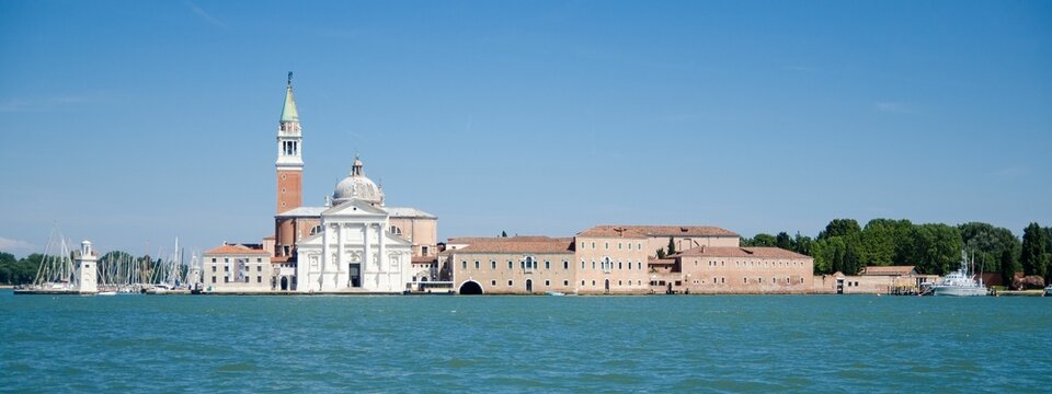 Aerial panoramic shot of the Cini Foundation in Venice