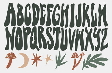 Hippie bohemian groovy postmodern funky font alphabet 1960s boho psychedelic design. Perfect for posters, collages, clothing, music albums and more. Vector clipart illustrations, isolated letters