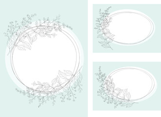 Invitation card with linen wreath sketch.  Line art vector wildflowers sketch. Line drawn leaves and branches