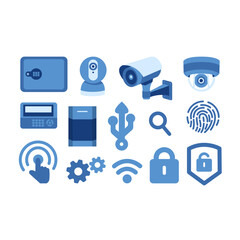 Security system network, burglar alarm. Flat icons. Guard, protection, fingerprint, CCTV, VPN, monitoring, safety, or control concepts. Vector interactive illustration - obrazy, fototapety, plakaty