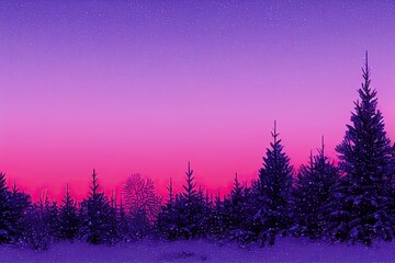 Winter forest snowy frozen trees snow nature scene on purple violet sky sunset or sunrise vintage scenery landscape sky background. Merry Christmas fantasy backdrop illustration.