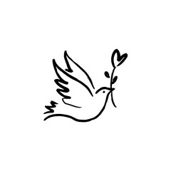 Line art dove. Flying pigeon logo drawing. Black and white vector illustration. Good for greeting card, banner, flyer and poster.