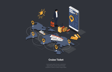 Online Cruise Tickets Buy, Traveling by Liner Concept. Online Buying Tickets Mobile Appliction On Lusury Cruise Liner. Character With Luggage Ready To Go On Trip. Isometric 3d Vector Illustration