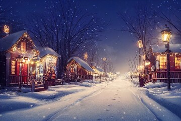 Winter snowy small cozy street with lights in houses, falling snow town night landscape. Winter holidays night time backdrop. Merry Christmas vintage retro illustration background.