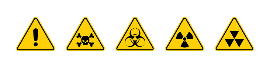 Set of warning signs with a skull, biohazard, radioactive and fallout symbols in yellow triangle sign vector illustration - obrazy, fototapety, plakaty