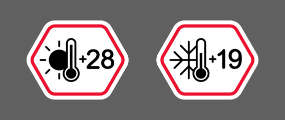 Sticker signs with room temperatures, warm with sun and cold with snowflake vector illustration