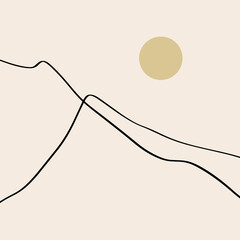 Modern abstract minimalistic geometric curve line mountains asian landscape scene print. Good for minimalist scandinavian style interior. Contemporary art digital poster. Printable scandi minimal home