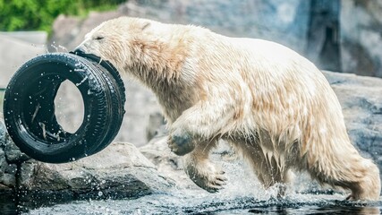 Wet polar bear getting out of water with a tire in his mouth. © Burgie/Wirestock Creators