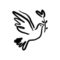 Line art dove. Flying pigeon logo drawing. Black and white vector illustration. Good for greeting card, banner, flyer and poster.