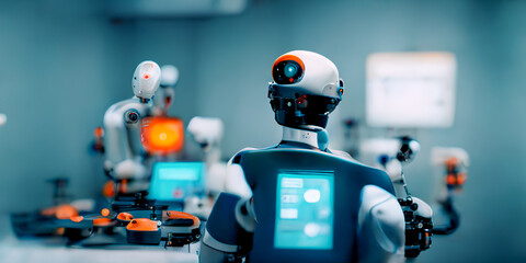 Ai Technical Industrial Engineer working and control robotics with monitoring system Automation robot arm software and icon industry network connection on tablet