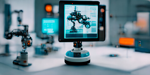 Ai Technical Industrial Engineer working and control robotics with monitoring system Automation robot arm software and icon industry network connection on tablet