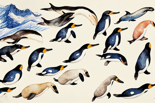 Watercolor Arctic and Antarctic animals. King penguin, narwhal, walrus, ermine, beluga whale, puffin, adele penguin, reindeer, killer whale, polar bear, arctic fox, harbor seal. Hand painted wildlife