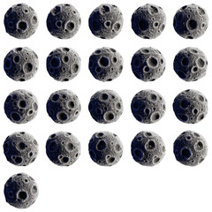 Tile set of an 3d animated asteroid that is rotating around itself 360 degrees in 21 frames. Single asteroid tile 1080 x 1080. Can be used in illustrations as well