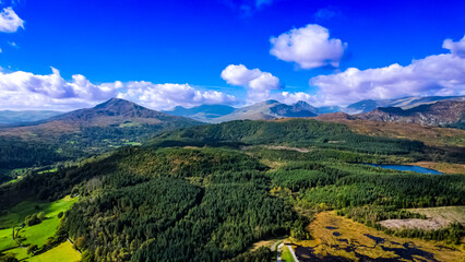 Snowdonia mountain range in North Wales, view from Lake Geirionydd near Llanrwst.