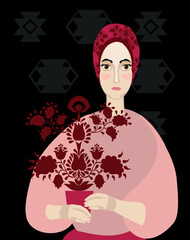 Woman holds the Tree of Life against the background of an ornament symbolizing a sown field