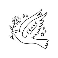 Line art dove. Flying pigeon logo drawing. Black and white vector illustration. Good for greeting card, banner, flyer and poster.