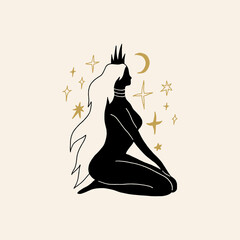 Divine celestial goddess vector clipart illustration, boho sacred magic woman, freedom mystical symbol. Flat holistic healing meditation Reiki New Age concept. Modern abstract silhouette. Hippie