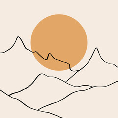 Modern abstract minimalistic geometric curve line mountains asian landscape scene print. Good for minimalist scandinavian style interior. Contemporary art digital poster. Printable scandi minimal home