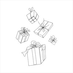 A set of flying gift boxes of various shapes drawn in one line. Design for christmas, valentine, birthday, gift boxes day, cyber monday, black friday. Vector illustration in doodle style.