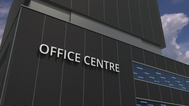 Office building with OFFICE CENTRE signboard, 3d animation
