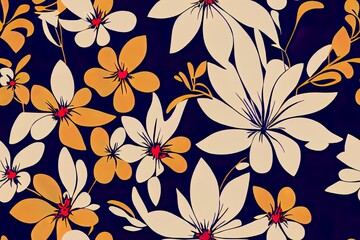 Fototapeta premium Seamless 2d floral pattern. Liberty background of bright colorful realistic flowers. Print with bouquets of flowers from the garden. Bright yellow and pink flowers on a white background.