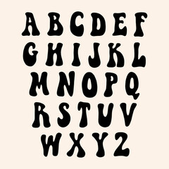 Hippie bohemian groovy postmodern funky font alphabet 1960s boho psychedelic style. Perfect for posters, collages, clothing, music albums and more. Vector clipart illustrations, isolated letters.