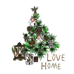 Watercolor New Year tree with Christmas wooden decorations: pine branches with woden heart, Love Home inscription, wooden flashlight and candle holder,New year toys. Clip Art of cozy home. 