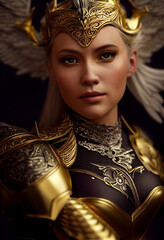  a blonde beautiful valkyrie woman wearing gold and silver battle armor AI Generated