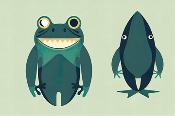 Fototapeta premium A frog dressed as a shark, isolated 2d illustration. Standing humanized frog in a shark costume. Calm anthropomorphic frog, wearing a shark pajama. An animal character with a human body