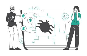 Cyber hacking and phishing, cyber crime concept. Internet criminal stealing password and money from bank account flat vector illustration. Hacker steal personal data