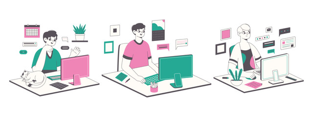 Distant freelancers, remote office workers. Freelance creative people work with computers, freelance characters working from home flat vector illustrations set. Freelance remote employees